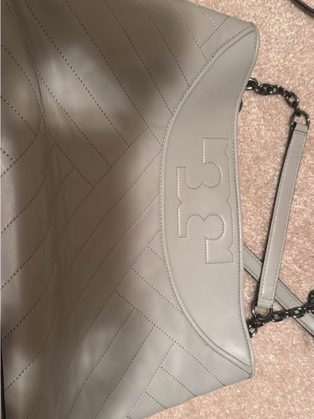 Tory Burch Gray Quilted Leather Shoulder Bag with Chain Strap